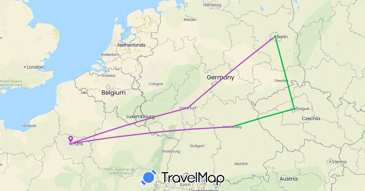TravelMap itinerary: bus, train in Czech Republic, Germany, France (Europe)